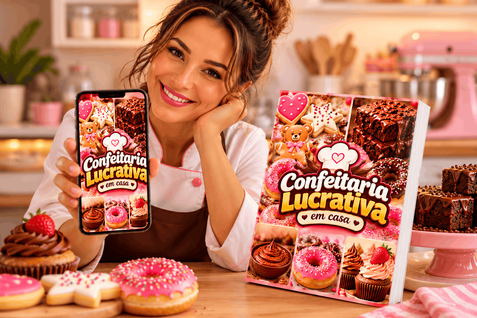 Confeiteira apresentando o Confeitaria Lucrativa no celular e na apostila